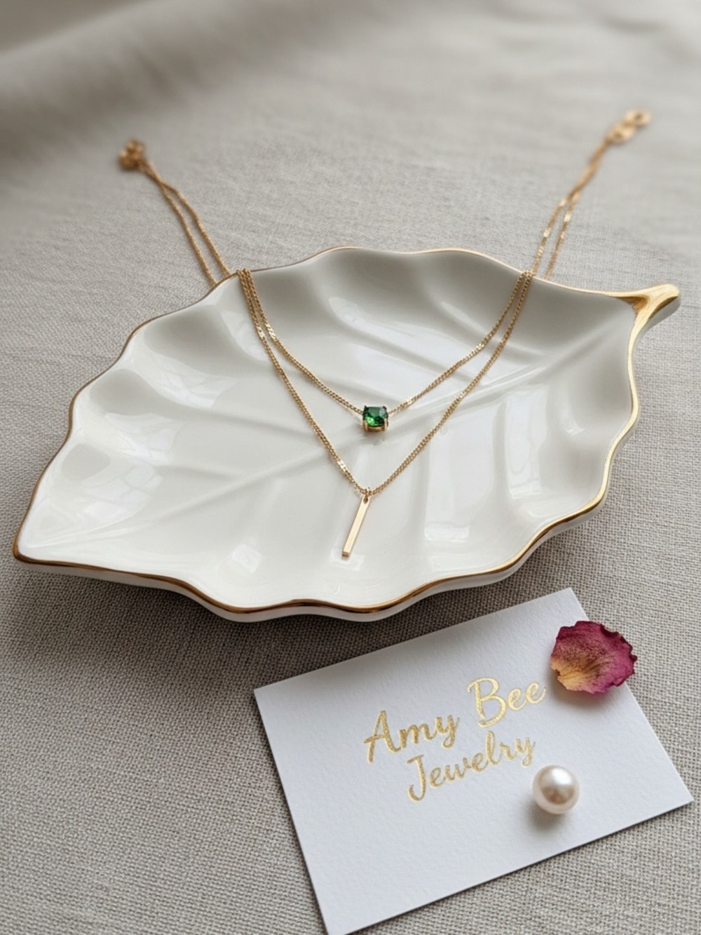 Gold Plated Layered Necklace with Emerald-Green CZ Gemstone. New.